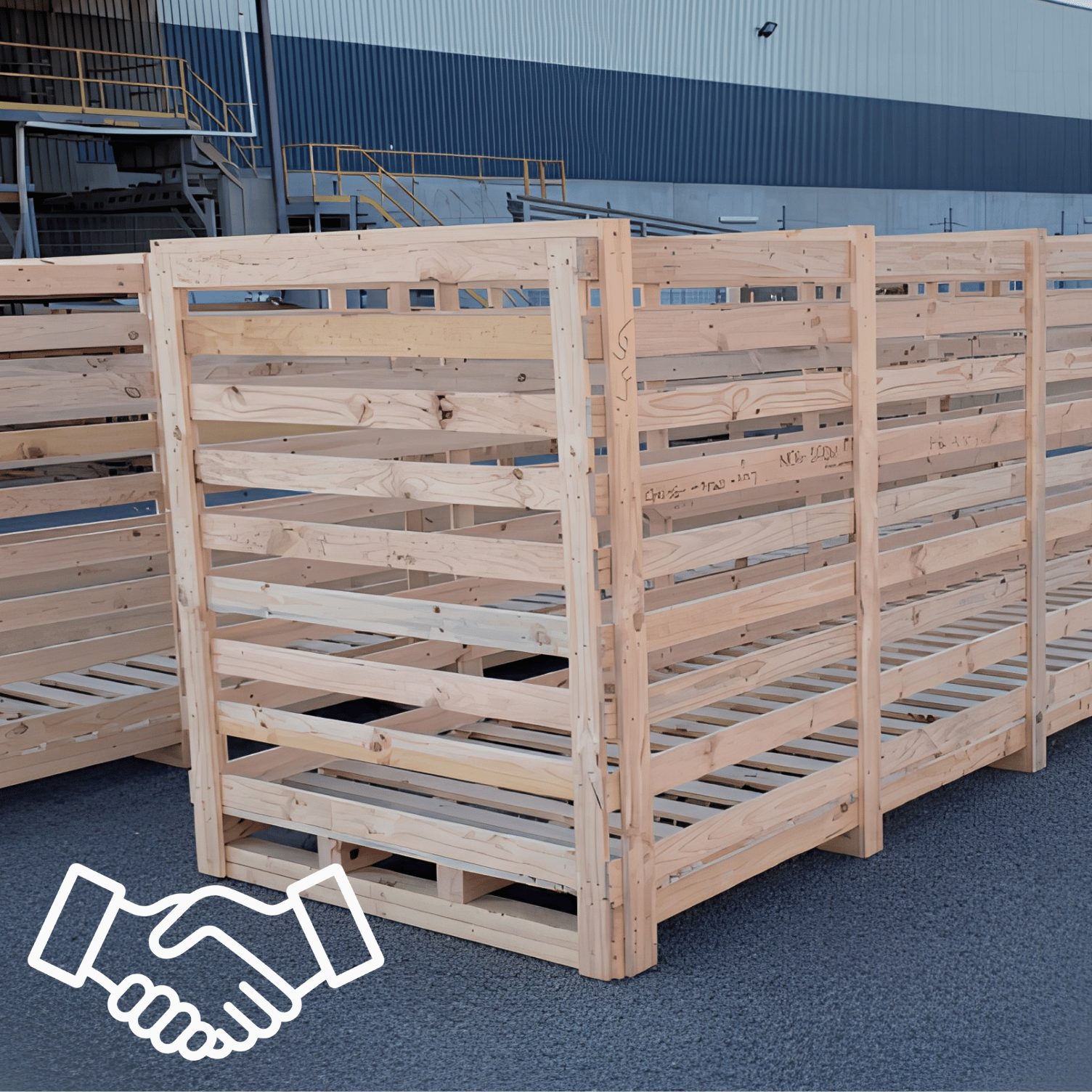 Industrial timber shipping crates for freight transport and logistics applications